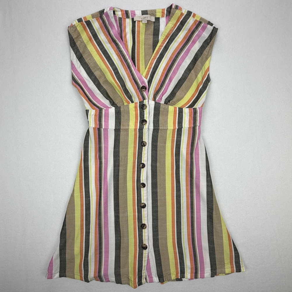 LOFT Womens Multi Color Striped Button Front Empire Waist Mini Dress Size 4